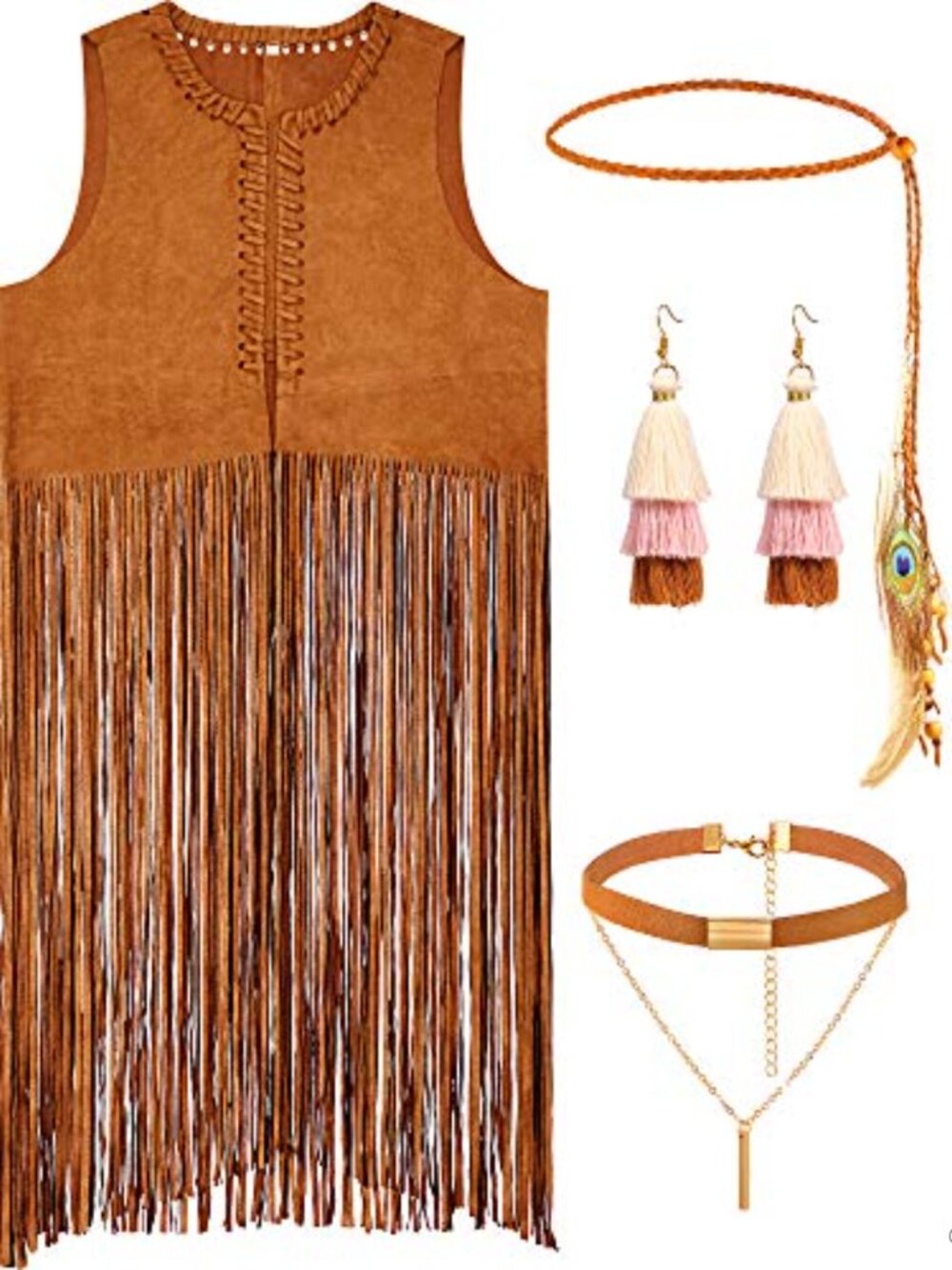 60s 70s Hippie Costume Set Fringe Vest Tassel Earrings Necklace Headband
